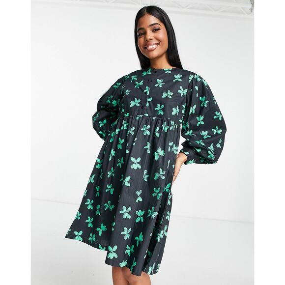 ASOS Pieces Floral Mini Smock Babydoll Dress in Black & Green Long Sleeve Size M - Picture 2 of 8